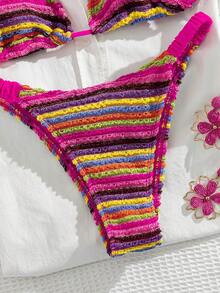 Bộ bikini nữ mới năm 2026, đồ bơi 2 mảnh, vải jacquard họa tiết sọc nhiều màu sắc, áo tam giác buộc dây màu hồng đậm, quần tam giác xếp ly hai bên với đường viền nhún màu hồng đậm tương phản, đồ bơi mùa hè thời trang cho kỳ nghỉ biển, đồ bơi đi nghỉ mát cho nữ - Nhiều màu - Xem 6
