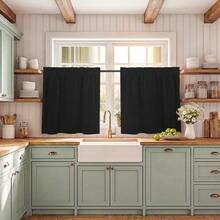 3 piezas Cortinas pequeñas de terciopelo negro de lujo, cortinas de cocina, cortinas de café, con bolsillo para barra, suaves y lisas, gruesas y duraderas, con caída natural, insonorizadas, opacas, que protegen la privacidad, de poliéster, lavables, aptas para todas las estaciones, cortinas de decoración del hogar populares en Europa y América para la cocina, el comedor, el dormitorio, la sala de estar, la oficina, el café, Año Nuevo, fiestas, bodas - Negro - Ver 2