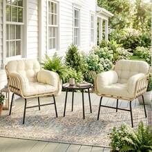 Outsunny Conjunto de Jardín Exterior de 3 Piezas, Muebles Jardín Exterior de Ratán PE, 2 Sillas con Cojines Suaves y Mesa de Vidrio Templado, Resistente a la Intemperie, para Balcón, Patio, Beige - A - Ver 1
