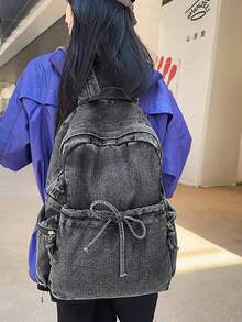 Mochila mini de mezclilla lavada vintage Y2K con bolsillos con cordón, adecuada para el estilo callejero estudiantil - Multicolor - Ver 6