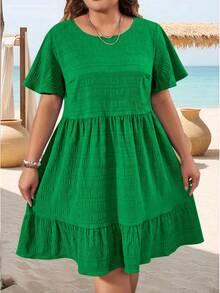 Vestido de Verano para Mujer, Talla Grande, Elegante, Cuello Redondo, Tejido con Parches, Holgado, Manga Corta - verde - Ver 6