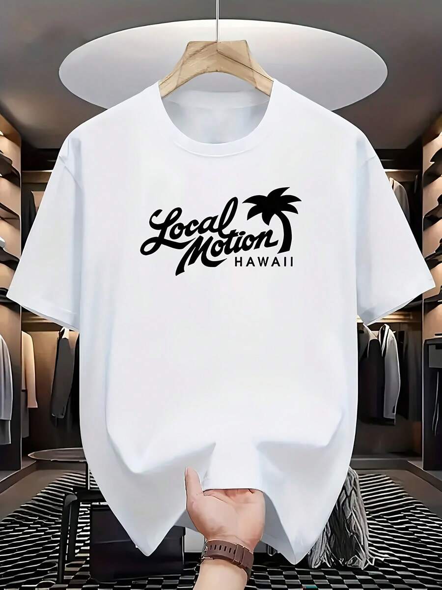 White Short-Sleeved T-Shirt With "Local Motion HAWAII" Text And Palm Tree Design - White - View 1