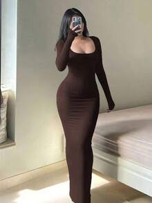 Vestido ajustado liso de manga larga para mujer, vestido largo elegante básico minimalista informal con cuello redondo, ropa de mujer - vino tinto - Ver 3