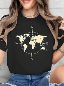 Mapa del mundo y brújula impresión gráfica camiseta, manga corta cuello de tripulación top casual para verano y primavera, ropa de mujer - Negro - Ver 2