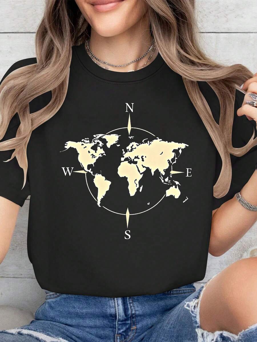 Mapa del mundo y brújula impresión gráfica camiseta, manga corta cuello de tripulación top casual para verano y primavera, ropa de mujer