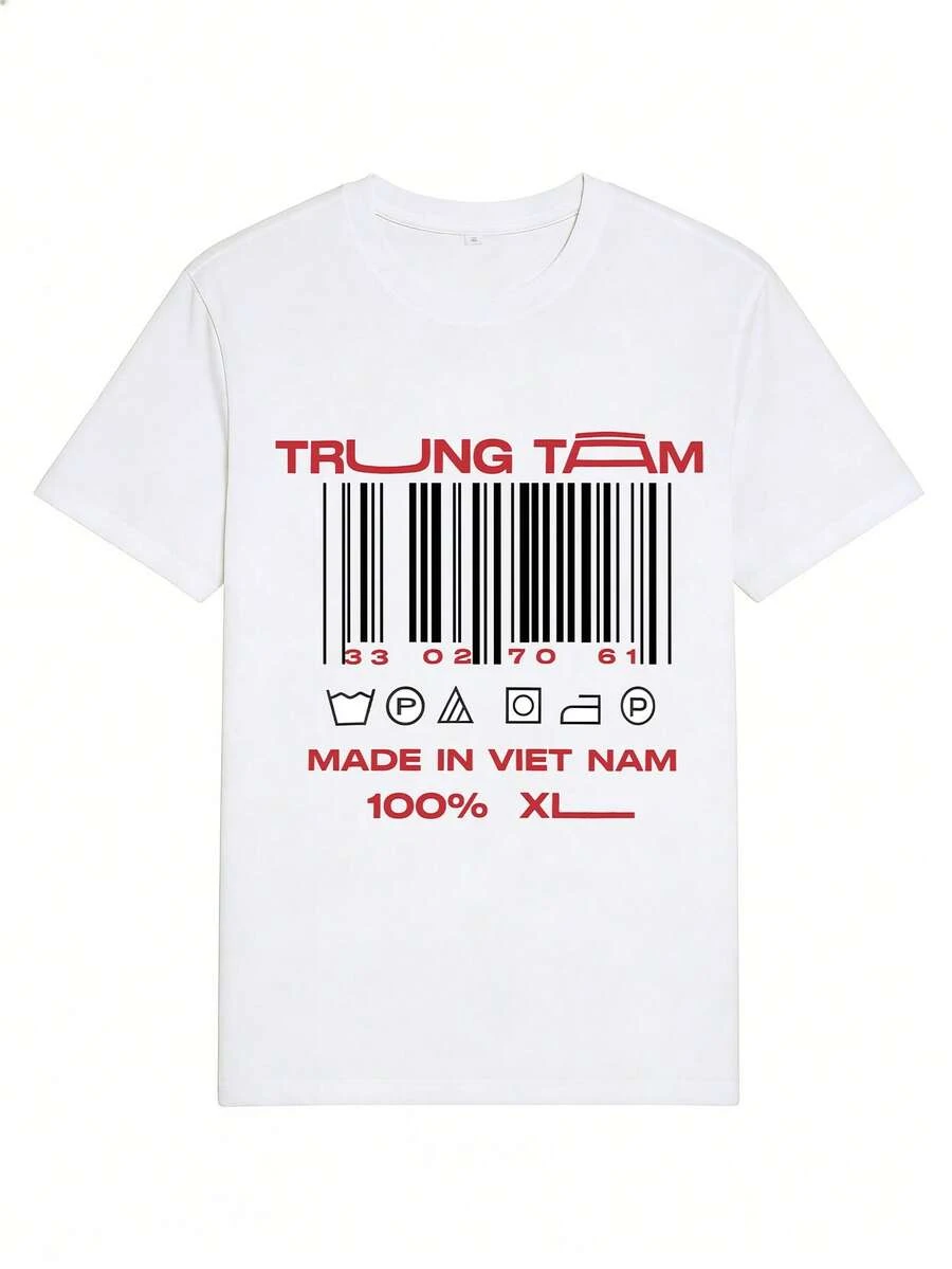 Camiseta blanca con estampado de código de barras al estilo americano Y2K - Cuello redondo para mujer, top de manga corta con corte holgado; una prenda esencial de estilo urbano chic para el uso diario y el transporte - Blanco - Ver 1