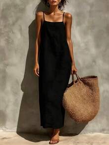 Linen Spaghetti Strap Maxi Dress For Women - Summer Casual Solid Color Beach Vacation Long Dress With Breathable Fabric For Resort Travel Date Night - 黑色 - 查看 2
