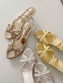 Nuevas sandalias de tacón alto con tiras tejidas y punta abierta para el verano - Dorado - Ver 10