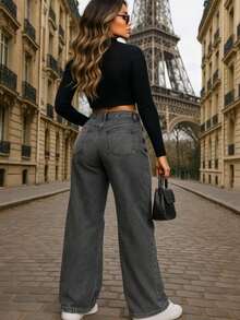 Women's Wide Leg Jeans, Graphite Color, Wide Leg, No Lycra, Premium Bell Bottom, Summer Style, Elegant And Sophisticated, Sizes 36 To 52 - Dark Grey - View 3