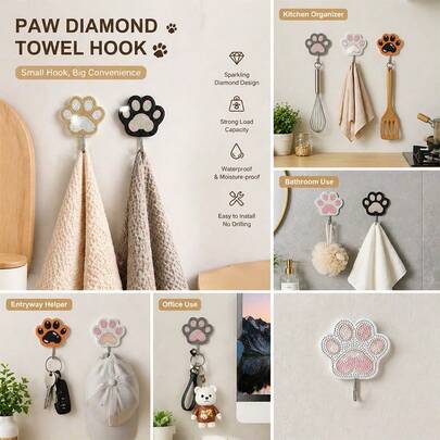 Klassisches Haustier Hunde Pfoten Design selbstklebende Diamant Malerei Wandhaken, ohne Bohren erforderlich, selbstklebender Wandhaken, Küchenutensilien Aufbewahrungshaken, Handtuchhalter Haken, Heimdekoration, geeignet für Küche, Bad, Flur und andere Bereiche, zum Aufhängen von Küchenutensilien, Handtüchern, Schlüsseln, Tassen und anderen Artikeln.