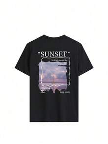 Camiseta de manga corta para mujer con cuello redondo y estampado de letras, estilo casual de verano. Camiseta estampada para mujer, ideal para vacaciones, top negro 100% algodón. - Negro - Ver 4
