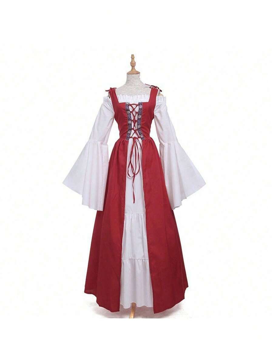Women's Halloween Costume Two-Piece Retro Palace Dress Medieval Drama Stage Costume Women's Fancy Dress Outfit - Red 149 - View 1
