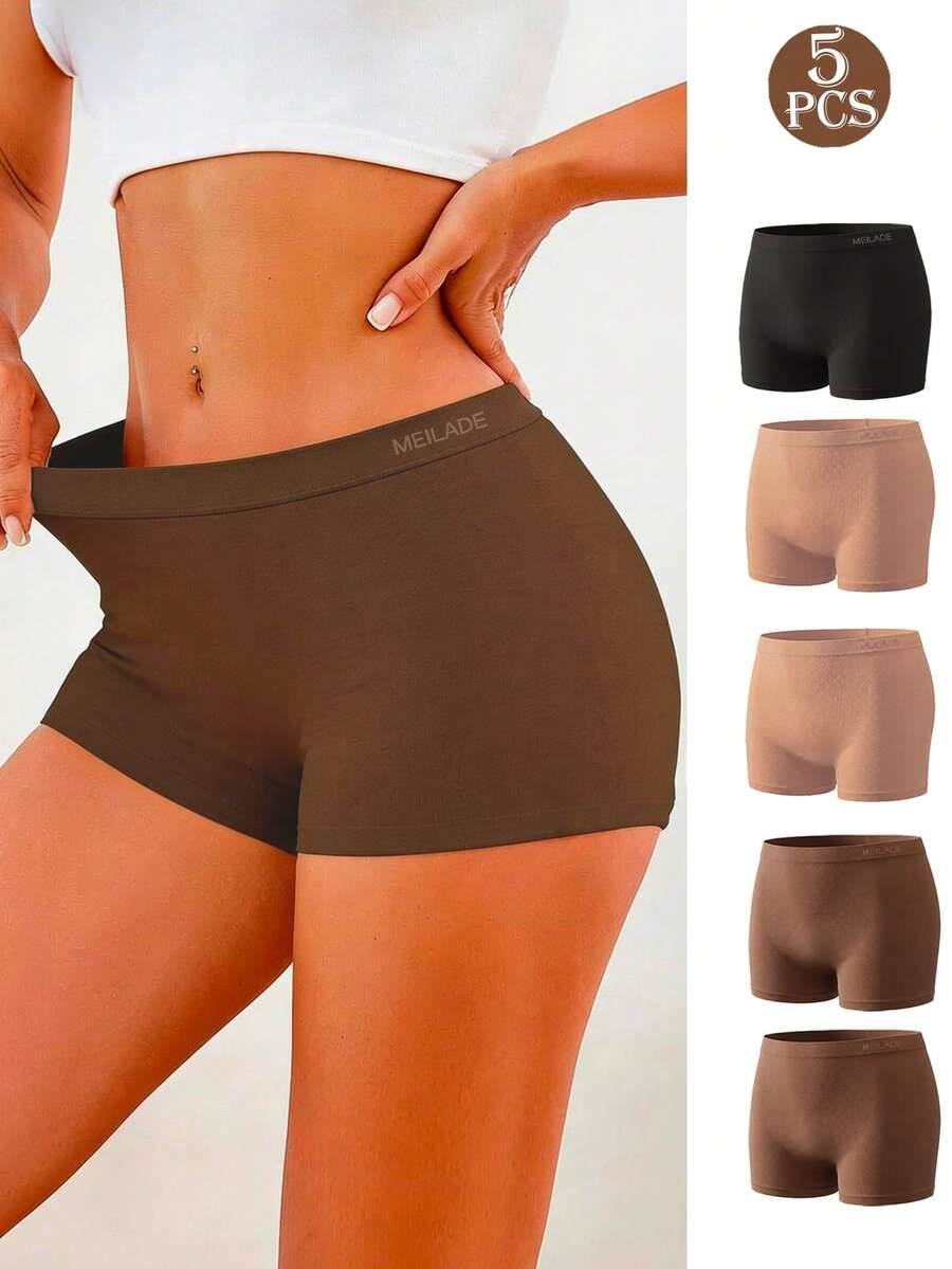 5 chiếc quần lót nữ không đường may dáng boyshorts cạp vừa màu Maillard, độ đàn hồi cao, thoải mái, quà tặng Ngày của Mẹ, phù hợp cho thể thao - Nhiều màu - Xem 1