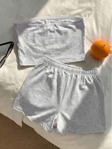 Light Gray Cotton 2 Pieces Outfit For Teen Girls, Sleeveless Tube Top & Elastic Waist Shorts, Soft Loungewear Set For Casual & Lounging(YY1404) - Grey - View 2