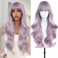 Women's Loose Big Wave Wig, Taro Color Gradient, 28-Inch Heat-Resistant Fibers With Bangs, Perfect For Parties, Suitable For All Soft Color Palettes - Mauve Purple - View 1