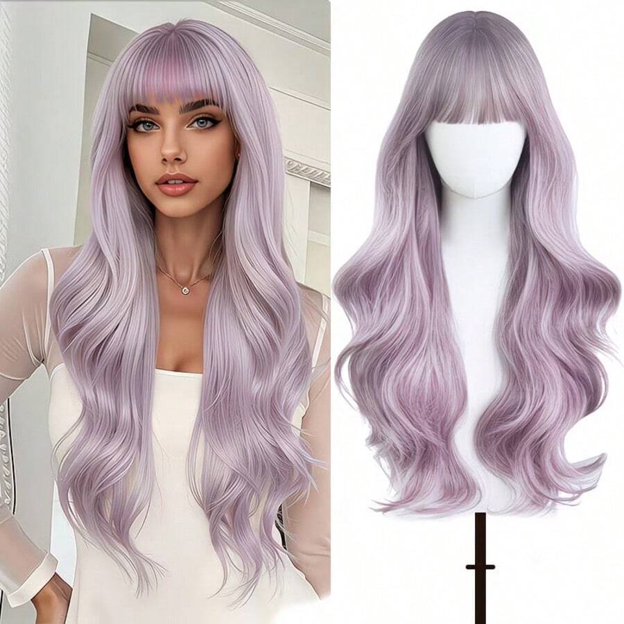 Women's Loose Big Wave Wig, Taro Color Gradient, 28-Inch Heat-Resistant Fibers With Bangs, Perfect For Parties, Suitable For All Soft Color Palettes - Mauve Purple - View 1