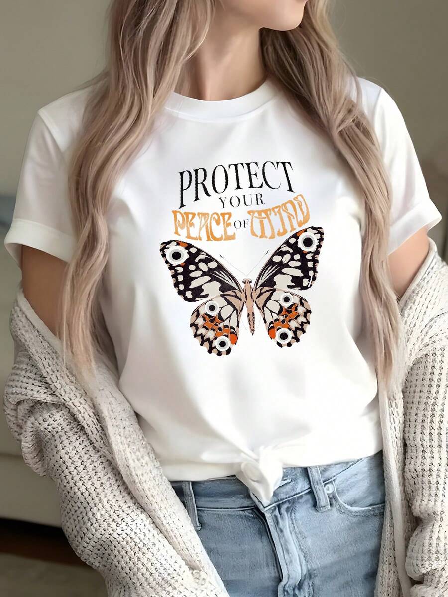 Camiseta de mujer de 1pc con "PROTEGER TU PAZ DE MENTE" Motivational Cita & Mariposa Impresión - Negro y blanco con letras naranja, suave transpirable, Clic Crew cuello corto Sve, cómodo ajuste S-2XL, ropa casual casual para el verano, meditación, salidas - Top mensaje positivo, artículo de almacén local para las mujeres, camiseta para las mujeres, camiseta gráfica para las mujeres, camiseta / camiseta de las mujeres, blusa de las mujeres, Top para las mujeres, ropa de las mujeres