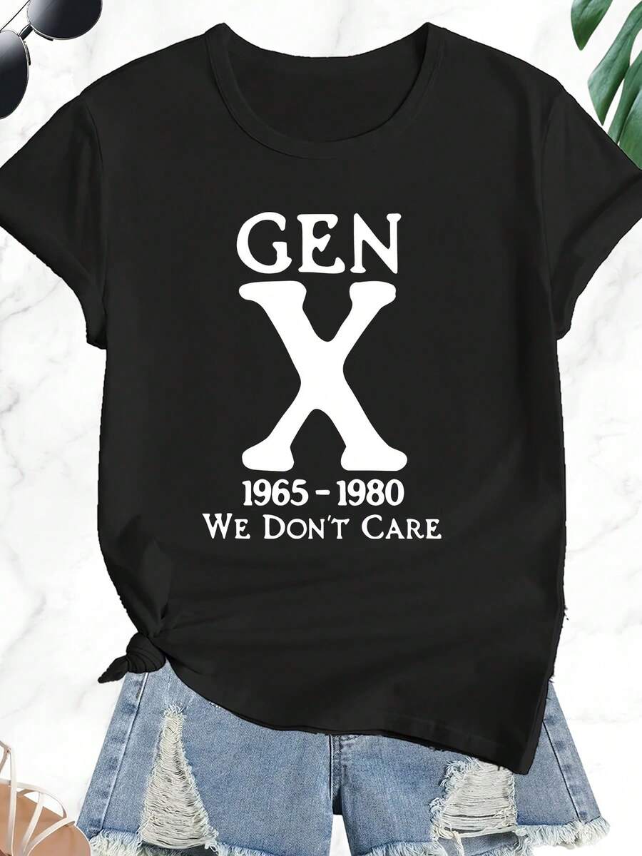 Plus Size mujer Vintage X generación patrón camiseta-atrevido "Gen X" carta impresión y 1965-1980-1980 años Vintage estilo calle casual Top-suave vestido casual, lavadora duradera, todas las estaciones universal, cómodo, lavable en la máquina, Halloween, regalos de Navidad