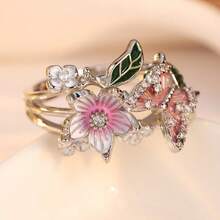 3D Butterfly Flower Ring, Colorful Glass Inlaid Synthetic Cubic Zirconia, Holiday Ring For Women - Silver - View 2