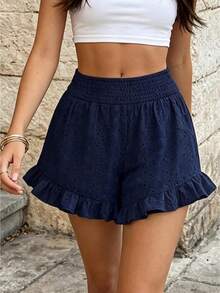 Womens Ruffled Shorts Loose Casual Embroidered Elastic Waist Summer Shorts for Beach Travel Vacations - Azul Marino - Ver 1