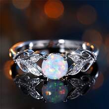 Vanel 1 chiếc nhẫn bạc thanh lịch đính đá tổng hợp và đá Cubic Zirconia hình lá, kiểu dáng tự nhiên, trang sức thời trang phù hợp để đeo hàng ngày và dự tiệc. - Opal trắng bạc - Xem 1