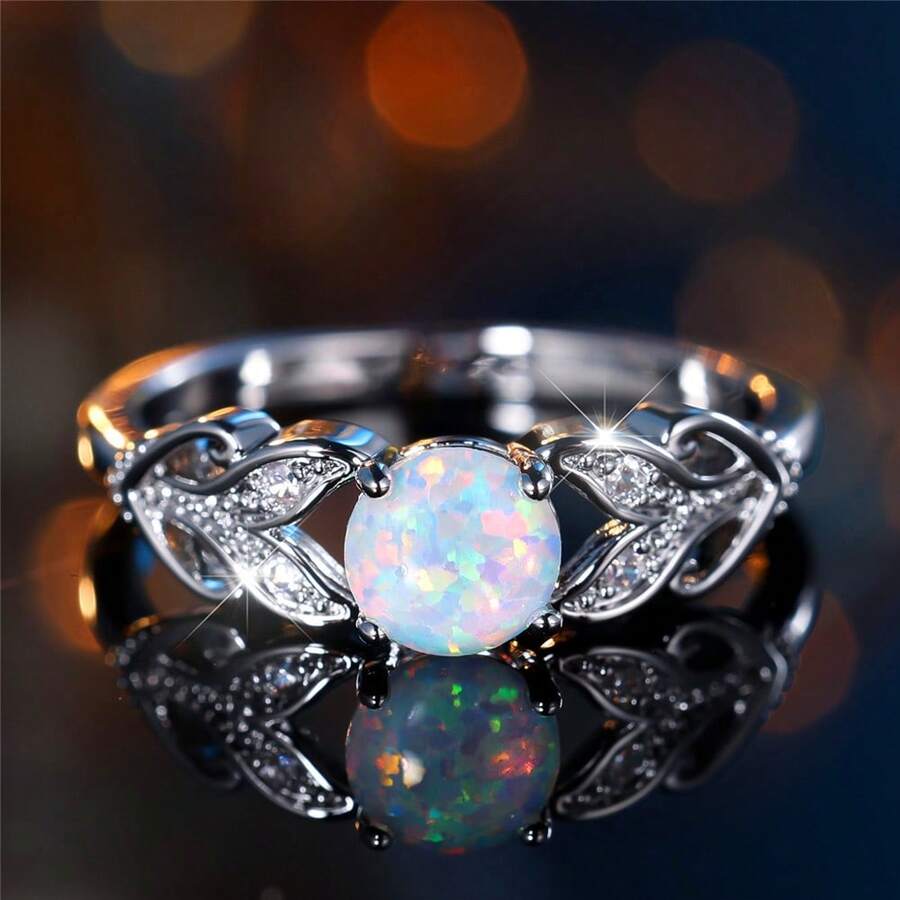 Vanel 1 chiếc nhẫn bạc thanh lịch đính đá tổng hợp và đá Cubic Zirconia hình lá, kiểu dáng tự nhiên, trang sức thời trang phù hợp để đeo hàng ngày và dự tiệc. - Opal trắng bạc - Xem 1