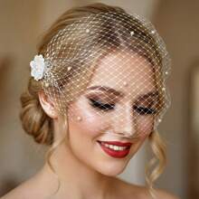 1 pieza Elegante velo de novia con decoración de perlas y flores | Velo de pajarera corto adecuado para fotografía de boda y despedida de soltera | Velo de pajarera blanco vintage con decoración de perlas y flores | Tocado de novia adecuado para boda, baile de graduación y ocasiones especiales - Blanco - Ver 3