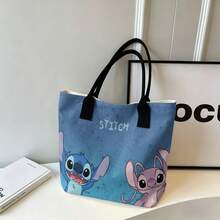 Miniso Disney Stitch & Angel Canvas Tote Bag, Blue Sketch Background Shoulder Bag For Daily Use - White - View 5