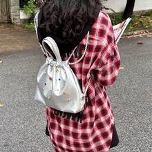 Unique Women's Backpack Made Of Matte Velvet With Colorful Gemstone Chains And Drawstring Design, Elegant Material Combination,  Designer Model For Personalized Everyday Looks. - 銀色 - 查看 3