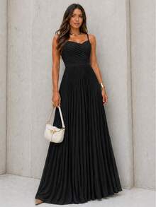 Women's Long Pleated Dress With Crossover Detail At The Bust – Ideal For Special Events Such As Weddings And Graduations - 黑色 - 查看 2