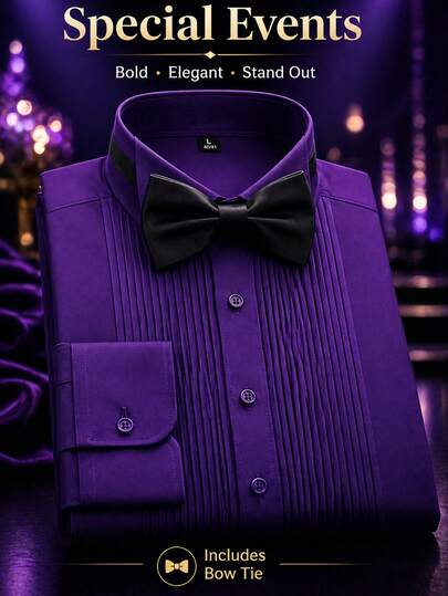 1 pieza Camisa de vestir para hombre, camisa formal con cuello de ala y diseño de frente plisado, incluye corbata de moño negra gratis, vestimenta elegante clásica para boda y fiesta
