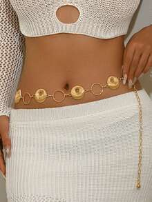 1 pieza Cadena de cintura de disco redondo hueco con textura de metal vintage y personalizada, cinturón de cintura versátil bohemio, adecuado para uso diario y de fiesta de mujeres - Dorado - Ver 2