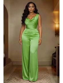 2026 New Style Champagne Gold Satin Jumpsuit Sleeveless Swing Collar Waist-Cinching Women's Jumpsuit Wide-Leg Pants Sleeveless Casual Short Jumpsuit Summer, Vacation, Poolside & Weekend Getaways TE2J - 螢光綠 - 查看 12