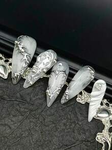 10 miếng dán móng tay hình mắt mèo phong cách Baroque Y2K bóng bẩy, màu bạc, được vẽ tay theo kiểu móng Pháp lượn sóng, trang trí bằng đá pha lê 3D màu hồng, họa tiết hoa 3D, khuyên mũi và hạt bạc, độc đáo và thời trang với màu sắc rực rỡ và tay nghề tinh xảo. Sử dụng với keo dán móng và miếng dán ma sát. - Bạc - Xem 6