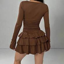 Robe mini marron en maille à manches longues, jupe à volants étagés & bustier transparent pour looks de boîte de nuit et de soirée Y2K, respirante - Rose bonbon - Voir 4