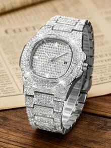 1 pieza Reloj de cuarzo de lujo con banda de acero completamente cubierto de hielo para hombres, adecuado para negocios, fiestas y uso diario, mejor regalo para hombres - Plateado - Ver 4