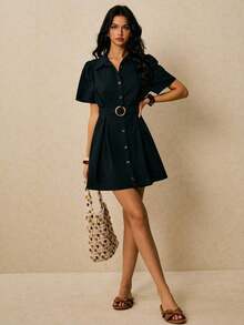 Vestido Casual con Detalle de Estampado Floral, Cuello de Camisa y Diseño Corto, Perfecto para Look de Verano y Eventos Sociales - Negro - Ver 12