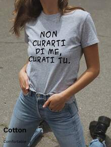 T-shirt côtelé en coton pour femmes, t-shirt graphique "NON CURARTI DI ME", style universitaire, nouveau vêtement de sport pour femmes pour le printemps/été, Top élastique court et serré en gris, mode drapée, doux et respirant - Frêne fleuri - Voir 1