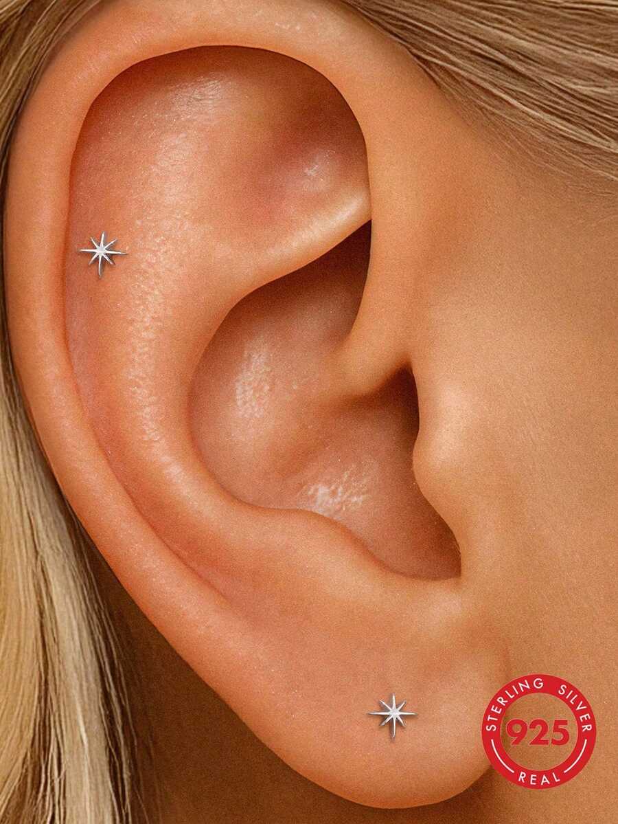 EleRunis 1 Pair 925 Sterling Silver Star Stud Earrings, Cartilage/Helix Piercing Jewelry, Suitable For Women's Daily Wear, Also Suitable For Weddings, Parties, Engagements, Anniversaries, Valentine's Day And Other Occasions