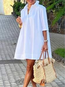 Women's Fashion A-Line Shirt Dress, Solid Color, Versatile And Easy To Wear, Loose Fit, Suitable For Casual And Comfortable Summer Wear. - trắng - Xem 7