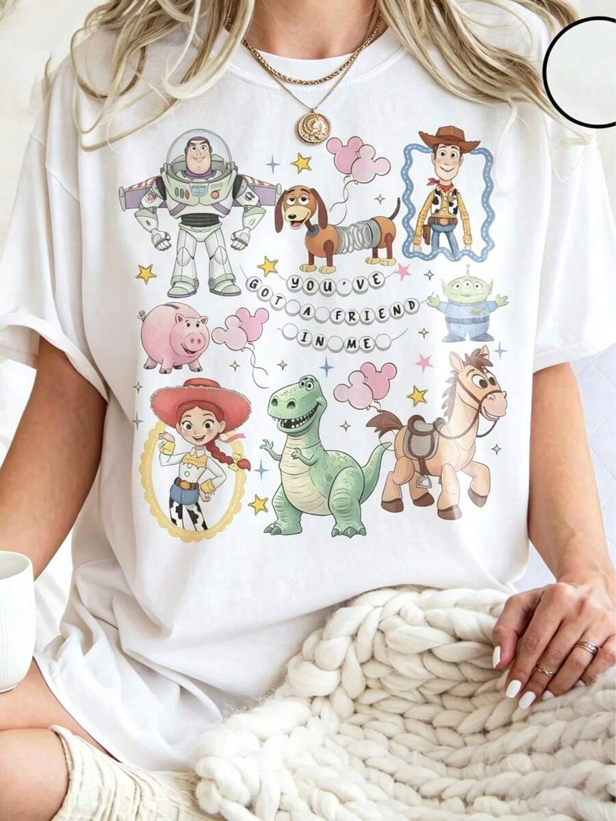 Disney Toy Story Printed T-Shirt, Suitable For Daily Wear, Easy To Wear In Summer, Slightly Elastic, Soft Round Neck Casual Daily Shirt, Round Neck Summer Sweatshirt, Both Women's T-Shirt And Holiday Gift. - White - View 1