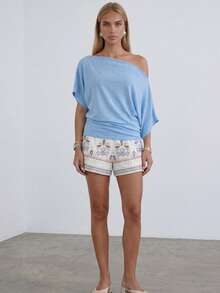 Women's Fashionable Solid Color Asymmetrical Shoulder T-Shirt, Summer - Dusty Blue - View 2