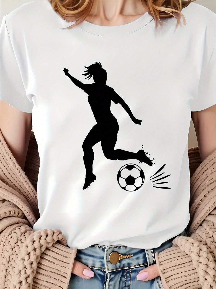 For Those Who Love Football - A Stylish And Vibrant Sports-Themed T-Shirt For Women, Featuring A Comfortable Round Neck And Short Length Suitable For All Seasons - 白色 - 查看 1