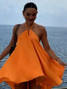 Women's Summer Vacation Elegant Versatile Solid Green Loose Backless Tie Casual Dress Party - Burnt Orange - View 5