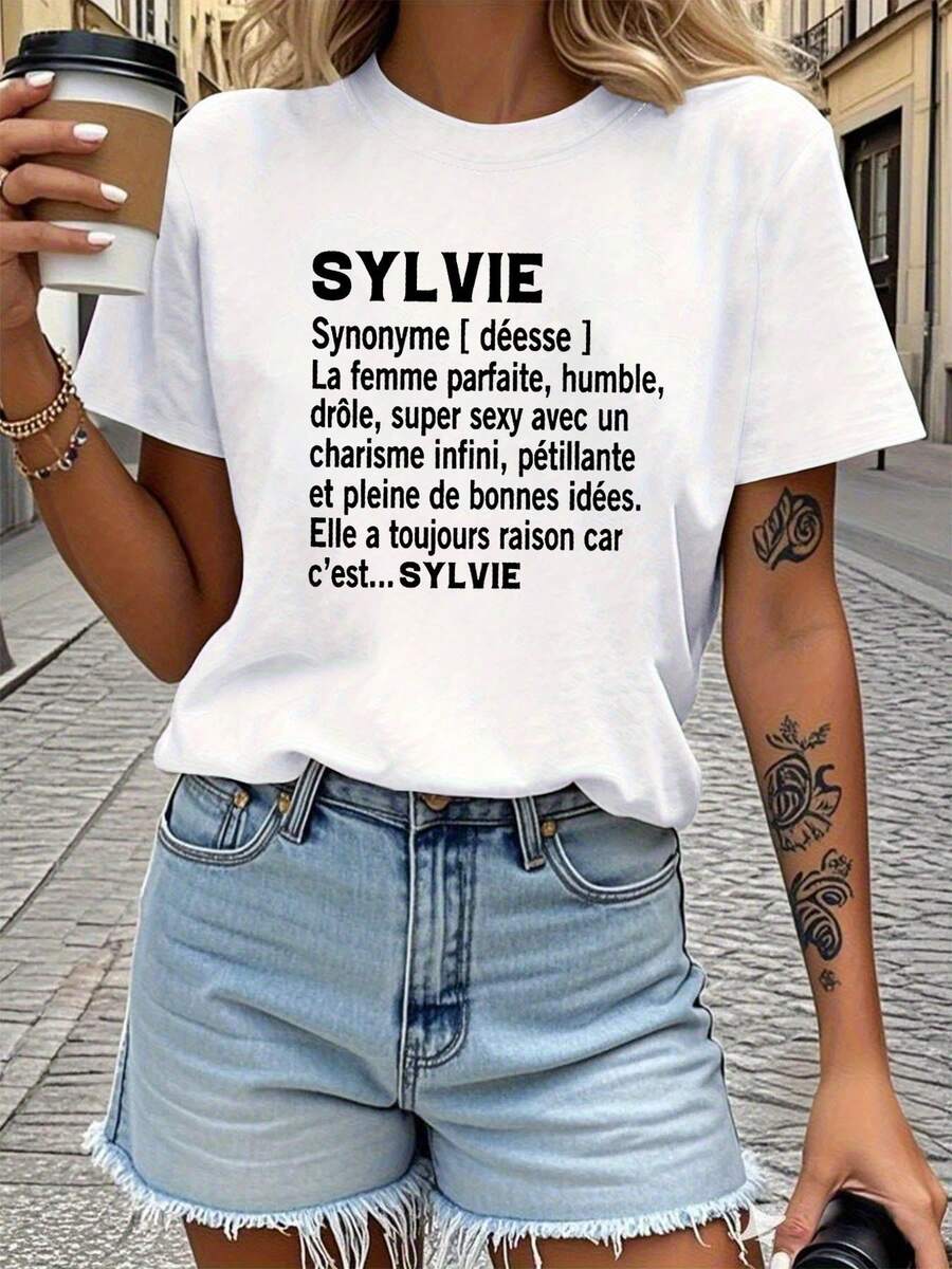 Camiseta con estampado de sinónimo francés de Sylvie para mujer - French (SYLVIE, SYNONYM) Casual Crew Neck Short Sve Blouse