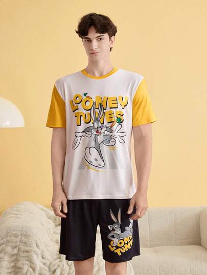 Noctvar OBM Sleepwear X LOONEY TUNES Pajama Set, Yellow & White Contrast Short Sleeve Top + Black Shorts, Comfortable Loungewear Suitable