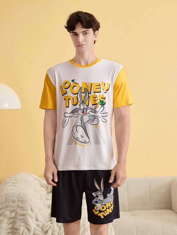 Noctvar OBM Sleepwear X LOONEY TUNES 睡衣套裝，黃白撞色短袖上衣+黑色短褲，舒適家居服
