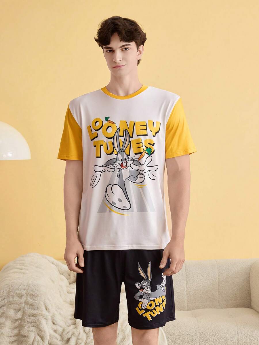 Noctvar OBM Sleepwear X LOONEY TUNES 睡衣套裝,黃白撞色短袖上衣+黑色短褲,舒適家居服 - 彩色 - 查看 1