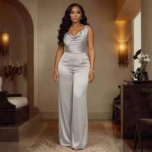 2026 New Style Champagne Gold Satin Jumpsuit Sleeveless Swing Collar Waist-Cinching Women's Jumpsuit Wide-Leg Pants Sleeveless Casual Short Jumpsuit Summer, Vacation, Poolside & Weekend Getaways TE2J - Màu be - Xem 7