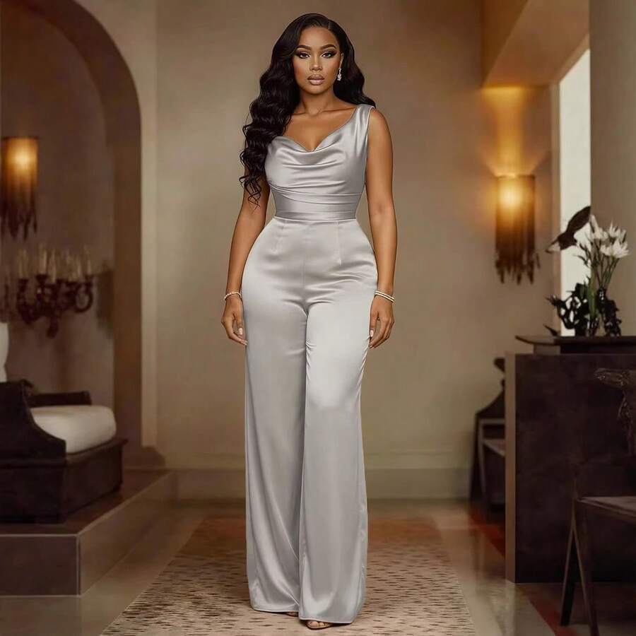 2026 New Style Champagne Gold Satin Jumpsuit Sleeveless Swing Collar Waist-Cinching Women's Jumpsuit Wide-Leg Pants Sleeveless Casual Short Jumpsuit Summer, Vacation, Poolside & Weekend Getaways TE2J - 銀色 - 查看 1